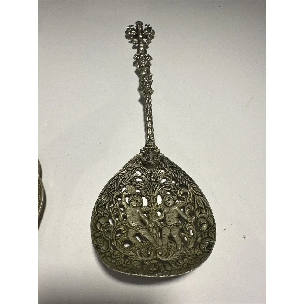 Silverplate Cherub Angel Cupid Serving Fork & Spoon Intricate Pattern 9.5